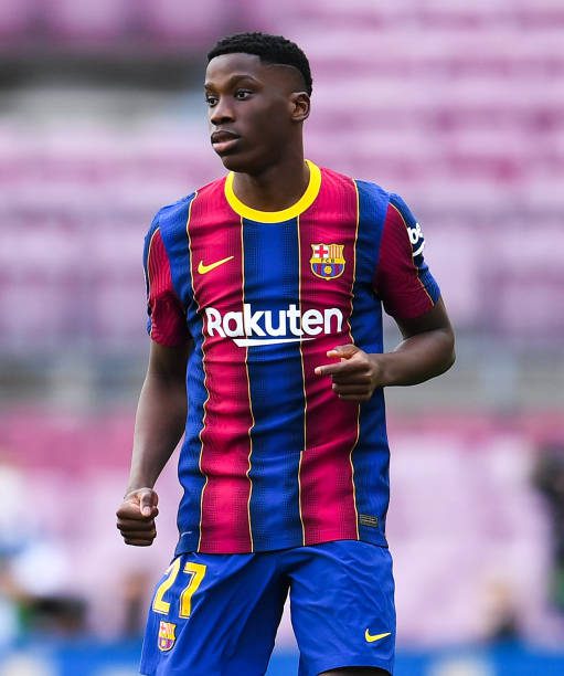 BARCELONA, SPAIN - MAY 16: Ilaix Moriba of FC Barcelona looks on during the La Liga Santander match between FC Barcelona and RC Celta at Camp Nou on May 16, 2021 in Barcelona, Spain. Sporting stadiums around Spain remain under strict restrictions due to the Coronavirus Pandemic as Government social distancing laws prohibit fans inside venues resulting in games being played behind closed doors. (Photo by David Ramos/Getty Images)