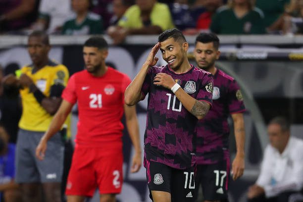 HOUSTON, TX - JULY 29: Orbelín Pineda #10 of Mexico gestures during the semifinal match between Mexico and Canada as part of 2021 CONCACAF Gold Cup at NRG Stadium on July 29, 2021 in Houston, Texas. (Photo by Omar Vega/Getty Images)