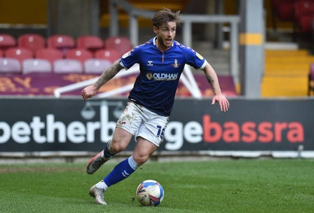 Stock action picture of Oldham Athletic's Conor McAleny during the Sky Bet League 2 match between Bradford City and Oldham Athletic at the Coral Windows Stadium, Bradford on Saturday 20th March 2021. (Credit: Eddie Garvey | MI News) (Photo by MI News/NurPhoto via Getty Images)