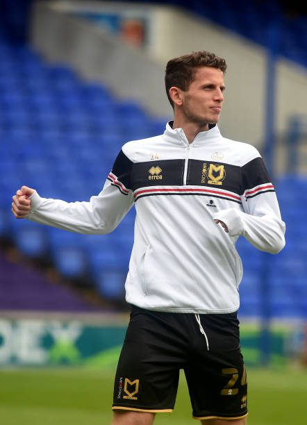 IPSWICH, ENGLAND - APRIL 10: Milton Keynes Dons' Jordan Houghton during the pre-match warm-up during the Sky Bet League 1 match between Ipswich Town and Milton Keynes Dons at Portman Road on April 10, 2021 in Ipswich, England. (Photo by Hannah Fountain - CameraSport via Getty Images)