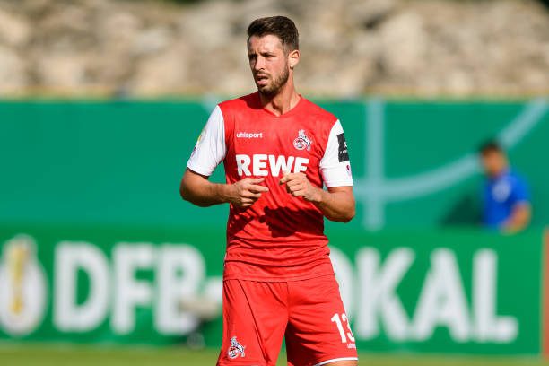 JENA, GERMANY - AUGUST 08: (BILD ZEITUNG OUT) Mark Uth of 1. FC Koeln looks on during the DFB Cup first round match between FC Carl Zeiss Jena and 1. FC Koeln at Ernst-Abbe-Sportfeld on August 8, 2021 in Jena, Germany- back in the Bundesliga. (Photo by Stefan Brauer/DeFodi Images via Getty Images)