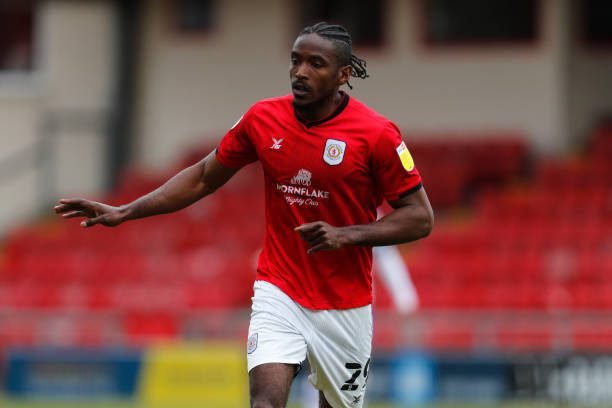 CREWE, ENGLAND - MAY 09: Omar Beckles of Crewe Alexandra during the Sky Bet League 2 match between Crewe Alexandra and Shrewsbury Town at The Alexandra Stadium on May 9, 2021 in Crewe, England. Sporting stadiums around the UK remain under strict restrictions due to the Coronavirus Pandemic as Government social distancing laws prohibit fans inside venues resulting in games being played behind closed doors. (Photo by James Baylis - AMA/Getty Images)