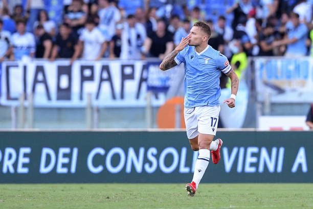 Ciro Immobile of SS Lazio celebrates after scoring first goal during the Serie A match between SS Lazio and Spezia Calcio at Stadio Olimpico, Rome, Italy on 28 August 2021. Juventus (Photo by Giuseppe Maffia/NurPhoto via Getty Images)
